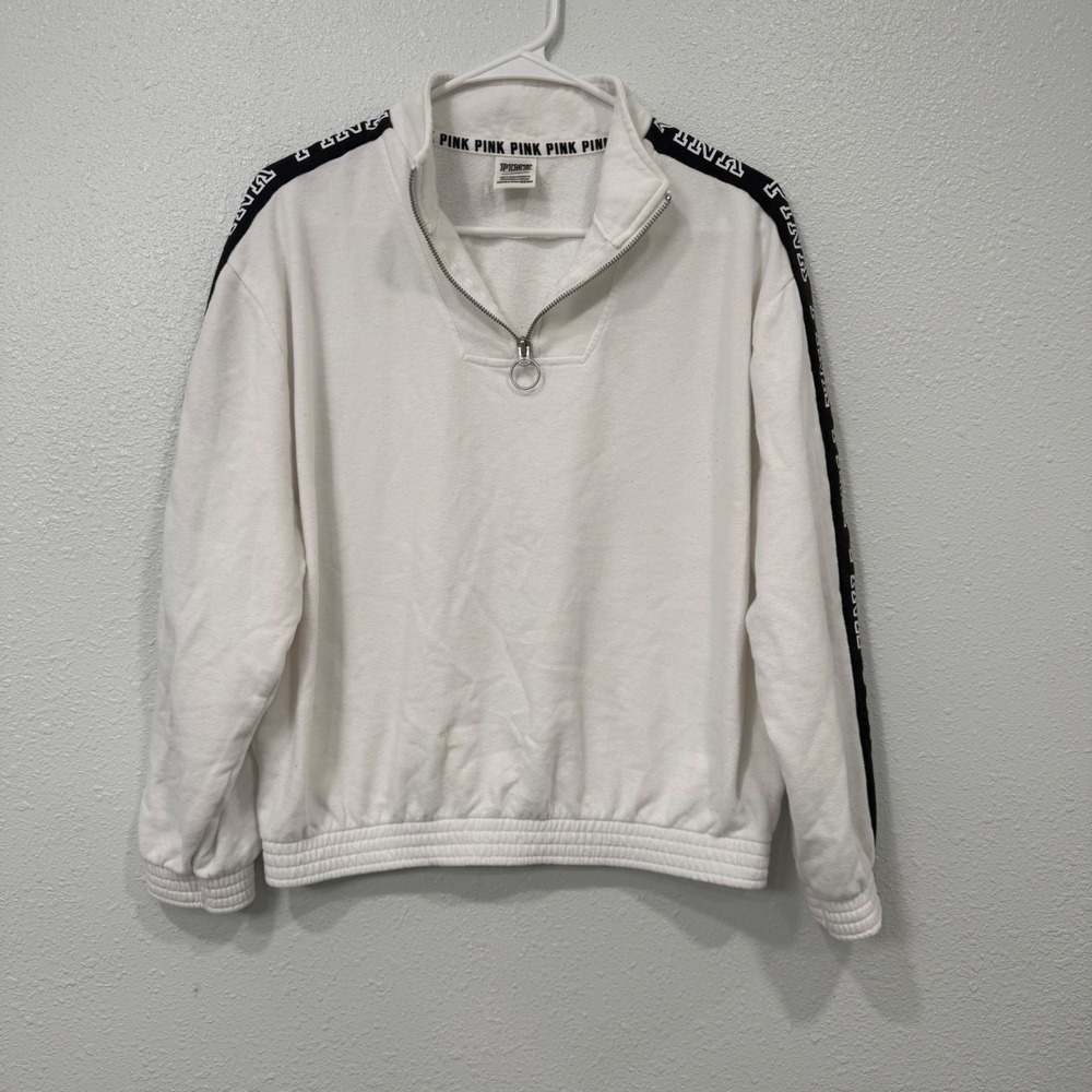 Pink Victoria's Secret Quarter Zip Sweatshirt White‎ Logo Tape Pullover XS